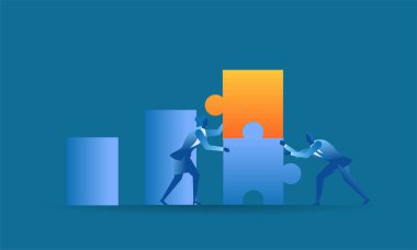 Erkek ve kadın bulmaca konsepti illüstrasyon takım çalışmasını düzenlemeye çalışıyor. Gelirleri artırmak ve UI UX sunum sayfası için hedefe ulaşmaya çalışıyorlar.