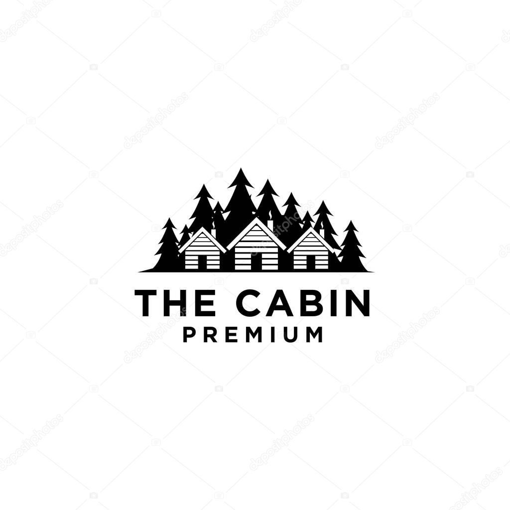 Premium wooden cabin and pine forest retro vector black logo design isolated white background