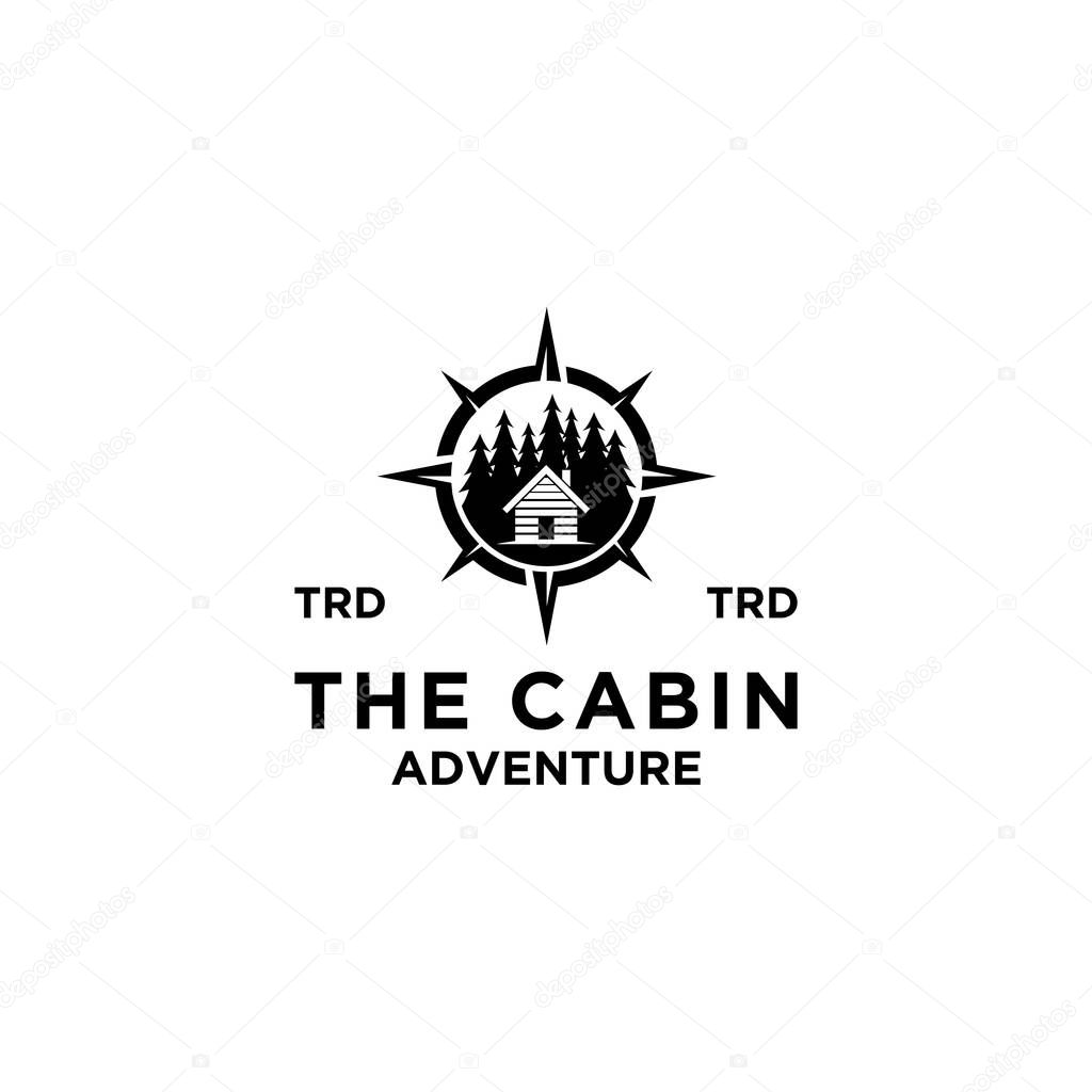 Premium wooden cabin, pine forest and compass signpost retro vector black logo design isolated white background