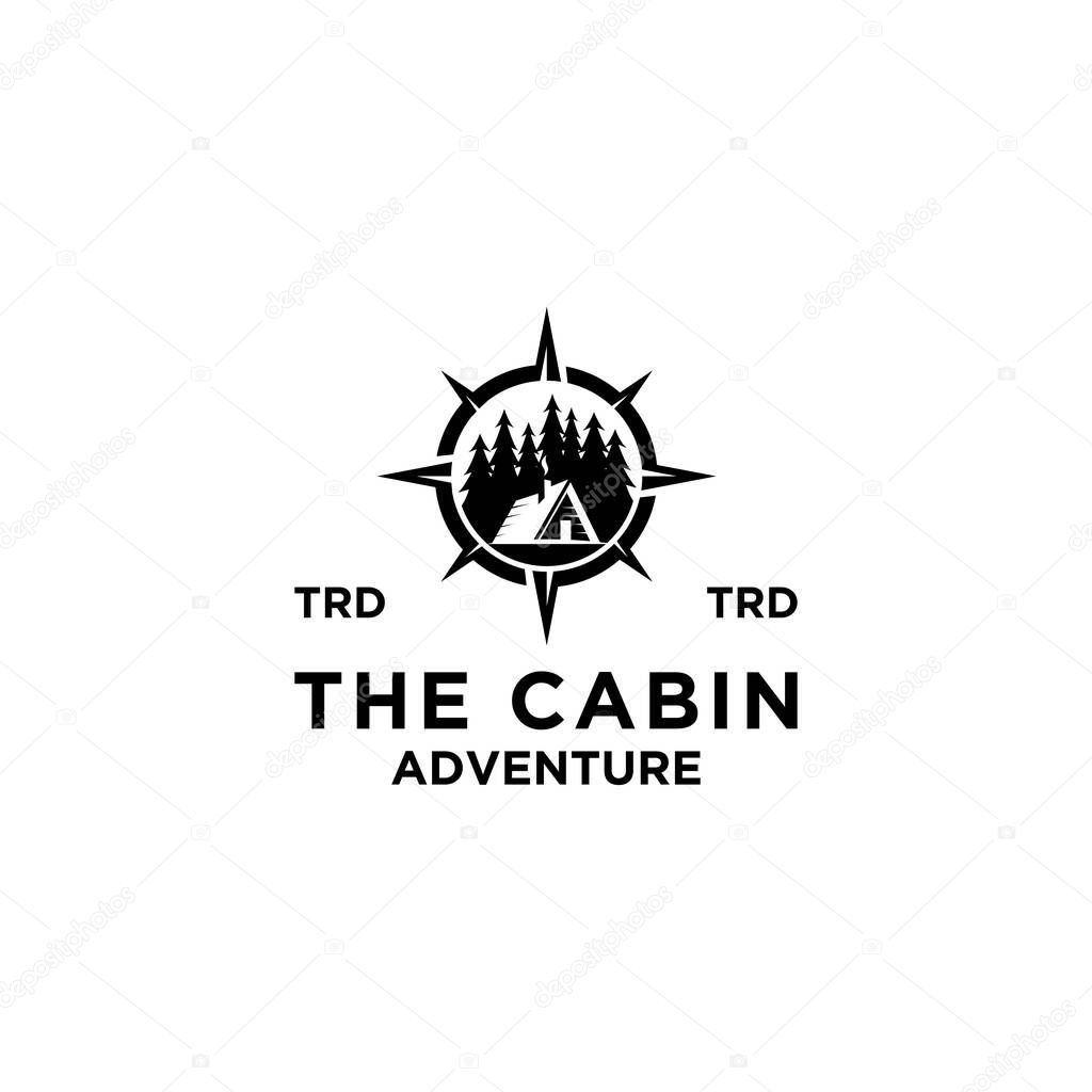 Premium wooden cabin, pine forest and compass signpost retro vector black logo design isolated white background