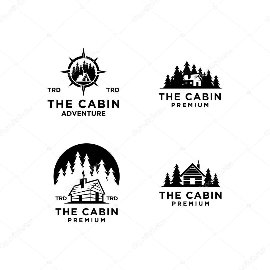 Set collection premium wooden cabin and mountain pine forest retro vector black logo design isolated white background