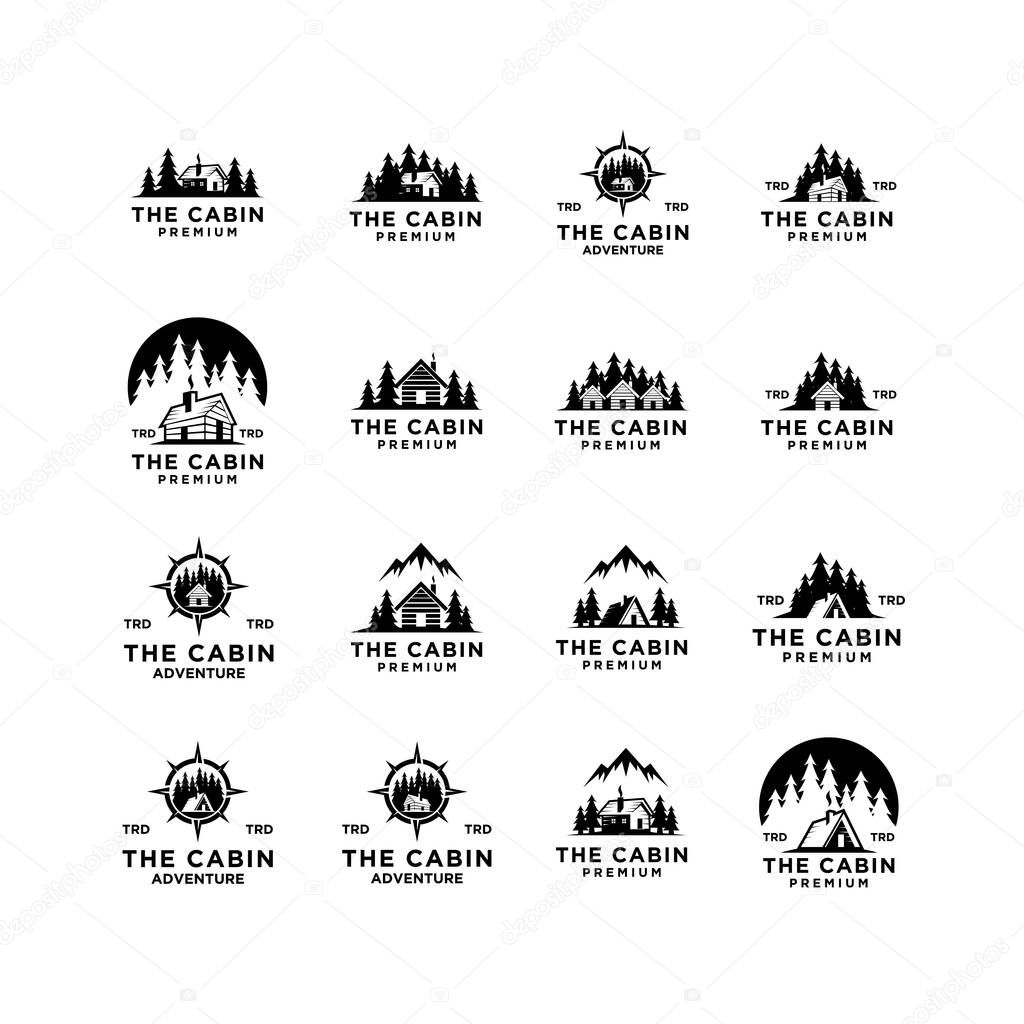 Set collection premium wooden cabin and mountain pine forest retro vector black logo design isolated white background