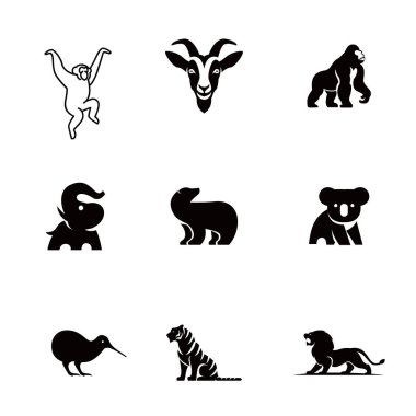 Maymun, keçi, goril, fil, ayı, koala, kivi, kaplan ve aslan gibi hayvan simgelerinden oluşan bir koleksiyon. Temiz, minimalist tasarım siyah beyaz.