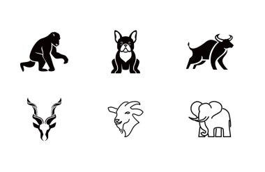 Vahşi yaşamı gösteren altı siyah ve beyaz hayvan ikonu. Logolar, markalaşma veya herhangi bir vektör tabanlı tasarım projesi için mükemmel.