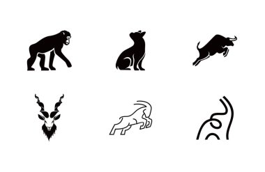 Bir maymun, köpek, boğa ve dağ keçisi içeren hayvan logosu çizimleri koleksiyonu. Ticari markalaşma ve tasarım için ideal..