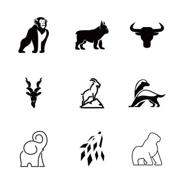 Bu grafik kaynak, hem saf siyah siluetler hem de maymunlar, köpekler, boğalar, antiloplar, dağ keçisi, porsuklar, filler, kurtlar gibi canlıların minimalist çizgilerinin yer aldığı çok yönlü bir hayvan logo ve ikon koleksiyonunu sergiliyor.