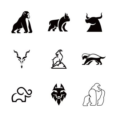 Bu çeşitli vektör koleksiyonunda bir fil, goril, kurt, boğa, şempanze ve diğer vahşi memelilerin çarpıcı tasarımları da dahil olmak üzere dokuz minimalist hayvan logosu yer alıyor. Temiz ve modern bir şekilde yapılmış bu hayvan amblemleri damgalamak için idealdir.,