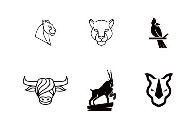 Aslan, kuş, boğa, antilop ve gergedan dahil olmak üzere altı hayvan logosu seti. Kolay özelleştirme ve kullanım için temiz, vektör biçimi.