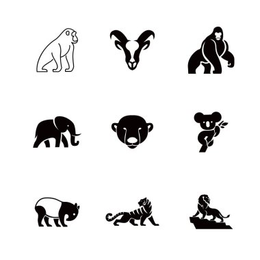 Vahşi yaşam hayvan siluetleri içeren siyah hayvan vektör simgelerinin toplanması, logolar, baskılar ve hayvanlarla ilgili tüm projeler için mükemmel..
