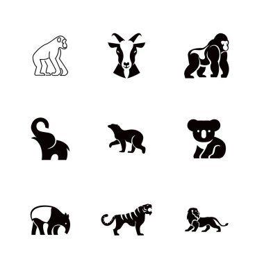 Maymun, keçi, goril, fil, ayı, koala, tapir, kaplan ve aslan gibi hayvan simgelerinden oluşan bir koleksiyon. Basit siyah vektör çizimleri.