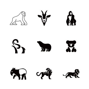 Siyah ve beyaz hayvan ikonları vektör seti. Goril, keçi, ayı, kaplan, aslan ve diğer vahşi yaşam ikonlarını içerir. Logo tasarımı için harika..