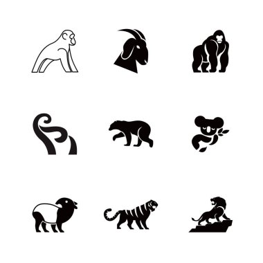 Bu vektör sanatı hayvan siluetleri sergiliyor, logolar ve simgeler için ideal. Kaplan, aslan, koala, fil ve daha fazlasını içerir, vahşi yaşam veya hayvanat bahçesi temaları için mükemmel.
