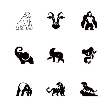 Çeşitli vahşi yaşam siluetlerinin yer aldığı bir hayvan ikonu koleksiyonu. Hayvan temalı elementlere ihtiyaç duyan logolar, markalar ve tasarımlar için mükemmel.