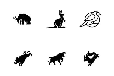 Bu göze çarpan görüntü, koyu siyah renkli altı eşsiz hayvan logosu ikonundan oluşan bir koleksiyon içeriyor, markalaşma veya grafik tasarım projeleri için ideal. Bu belirgin semboller işletmeler veya uygulamalar için temiz ve modern bir dokunuş sağlar..