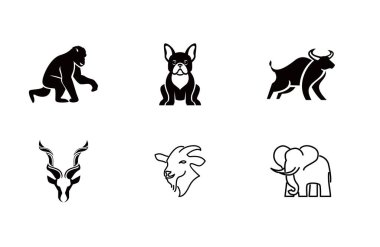 Vahşi yaşamı gösteren altı siyah ve beyaz hayvan ikonu. Logolar, markalaşma veya herhangi bir vektör tabanlı tasarım projesi için mükemmel.