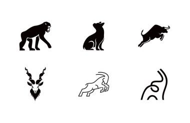 Bir maymun, köpek, boğa ve dağ keçisi içeren hayvan logosu çizimleri koleksiyonu. Ticari markalaşma ve tasarım için ideal..