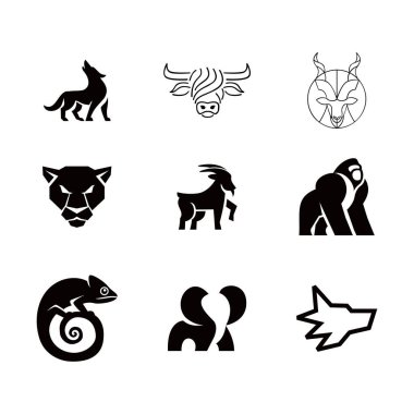 Bu resim, logolar, uygulama simgeleri veya web sitesi grafikleri için mükemmel hale getirerek, düz, minimalist bir tasarımda yaratılmış dokuz hayvan simgesinden oluşan bir koleksiyon sergiliyor. Her hayvan eşsiz bir poz ya da stil ile tasvir edilir, çeşitli arzu çeşitleri için çok yönlülük sunar.