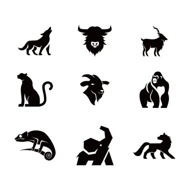 Bu resim, beyaz arkaplanda siyah siluette dokuz farklı hayvanın vektör simgesini içerir. Set, hayvan temalı amblemler, logolar veya sembollere ihtiyaç duyan grafik tasarım projeleri için çok yönlülük sunuyor..