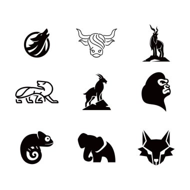 Bu grafik, koyu siyah beyaz dokuz hayvan ikonundan oluşan bir seriyi sergiliyor. Markalaşma, baskı, web tasarımları veya eğitim materyallerinde kullanım için ideal olan set, tanınabilir hayvan siluetleri sunmaktadır..
