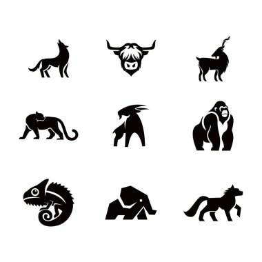 Bu çarpıcı koleksiyonda kurt, boğa, panter ve fil gibi hayvan logoları yer alır. Bu siyah ve beyaz logolar markalaşma, grafik tasarım veya hayvan temalı projeler için idealdir..