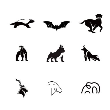 Logo, simge veya grafik tasarım kullanımı için çeşitli hayvan siluetleri koleksiyonu. Doğa ve vahşi yaşam temaları için harika.