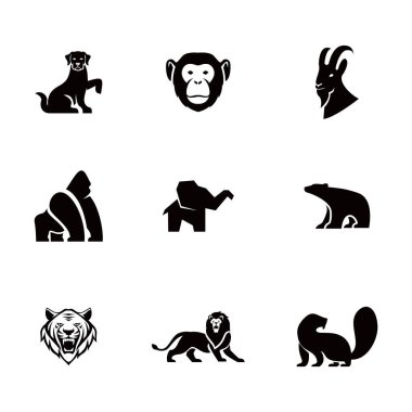 Siluette çeşitli vahşi hayvan koleksiyonu. Bu hayvan simgelerini logolar, tasarımlar veya çizimler için kullan.