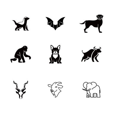 Markalaştırma ve logolar için uygun dokuz farklı hayvanın siluet çizimlerini sergileyen vektör sanatı.
