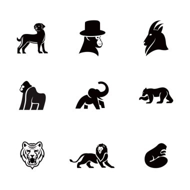 Hayvan simgeleri siyah beyaz olarak ayarlandı. Logo ya da tasarım için basit düz çizgi film sembolleri. Beyazda izole edilmiş.