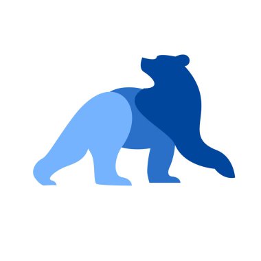 Bir ayının modern ve minimalist bir tasviri soyut geometrik şekillerin iki tonda üst üste bindirilmesinden yapılmış, temiz beyaz bir arkaplana karşı dizilmiş..