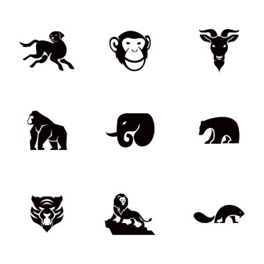 Bir köpek, maymun, keçi, goril ve fil de dahil olmak üzere hayvan siluetleri içeren minimalist siyah ve beyaz simgeler koleksiyonu.