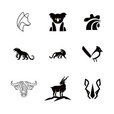 Diverse collection of animal logos. Includes mammals like fox, koala, and lion, birds, rooster. Black and white design suitable for branding and business.