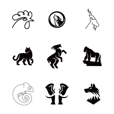 Hayvan logoları vektör seti horoz çizgisi sanatı, kurt uluması, antilop, panter, goril silueti, bukalemun çizgisi sanatı, fil kafası, tilki kafası..