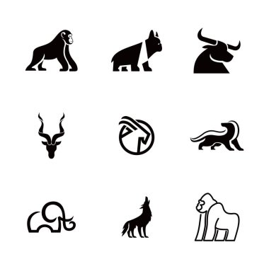 Hayvanların siyah siluet simgeleri. Hayvan amblemleri, logo tasarımı..