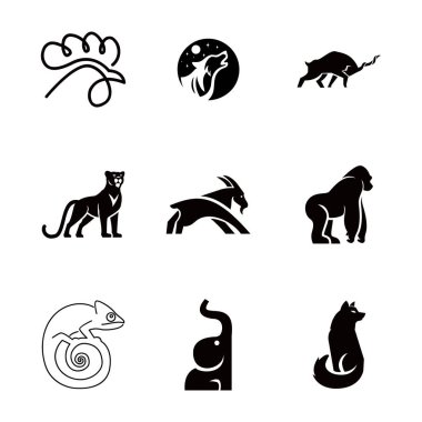 Siyah beyaz hayvan logosu koleksiyonu. Horoz, kurt, boğa, panter, keçi, goril, bukalemun, fil ve tilki de dahil. Markalaşma projeleri için harika.