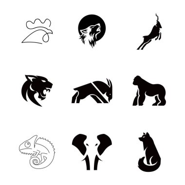 Bir grup siluet hayvan logosu. Beyaz arkaplandaki simgeler izole edildi. Şirket kimliği veya markalaşma oluşturmak için vektör ögeleri kullanışlıdır.