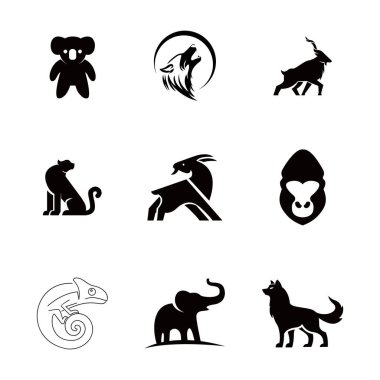 Basit siyah beyaz hayvan logolarını gösteren bir ikon koleksiyonu, markalaşma ve modern tasarım projeleri için mükemmel..