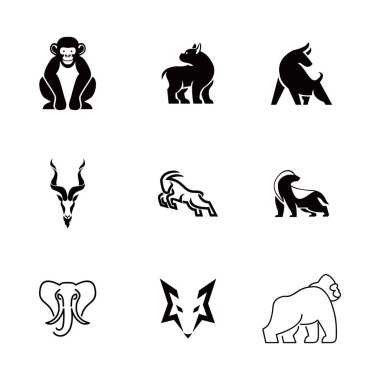 Hayvan logoları vektör biçiminde, markalaşma, uygulama simgeleri veya tişört tasarımları için ideal. Çeşitli memeli türleri barındırır..