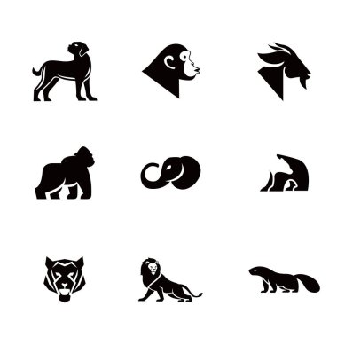 Bu vektör kolleksiyonunda bir köpeğin, maymunun, keçinin, gorilin ve filin basit şekillerde şekillendirilmiş siyah silüeti yer almaktadır..