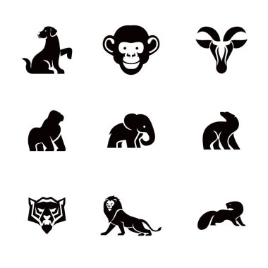 Köpek, maymun, dağ keçisi, goril, fil, mirket, kaplan, aslan, su samuru gibi çeşitli hayvanları temsil eden minimalist siyah siluet simgelerinin toplanması. Logolar, markalar ya da grafik tasarımı için mükemmel..