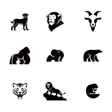 Siyah beyaz hayvan logosu koleksiyonu: köpek, maymun, keçi, goril, fil, ayı, kaplan, aslan ve kunduz.