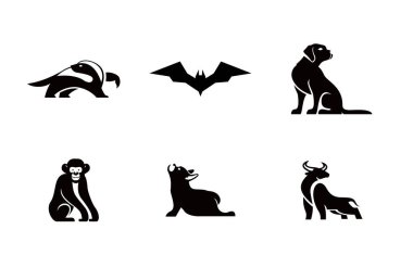 Minimalist Siyah Hayvan Logoları, Porsuk, Yarasa, Köpek, Maymun, Deniz Aslanı ve Boğa Simgeleri