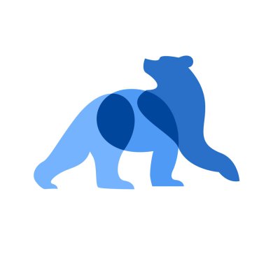 A modern and minimalist illustration depicts a stylized bear crafted from overlapping geometric shapes in two shades of blue.
