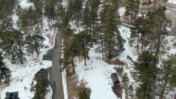 Aerial Strada Attraverso Foresta Montagna Inverno — Video Stock