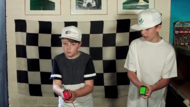 Two Boys Racing Slot Cars Nottingham England — Stock video