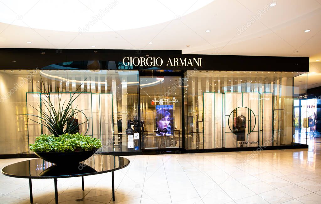 Santa Clara, CA  USA - January 14, 2021: Giorgio Armani Fashion designer brand store in a shopping mall. Finest Italian clothing, shoes,  many fashion and lifestyle items store.