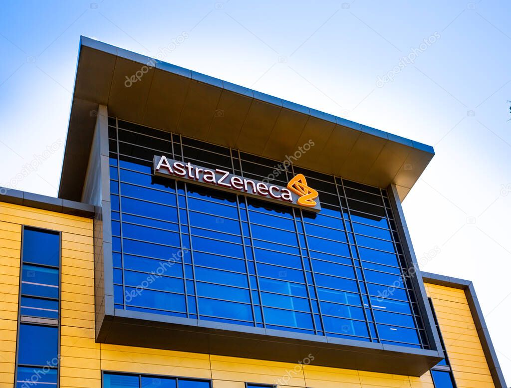 South San Francisco, CA, USA - February 24, 2021: Closeup of AstraZeneca building corporate office, a British-Swedish pharmaceutical, biotechnology company with its headquarters in Cambridge, England