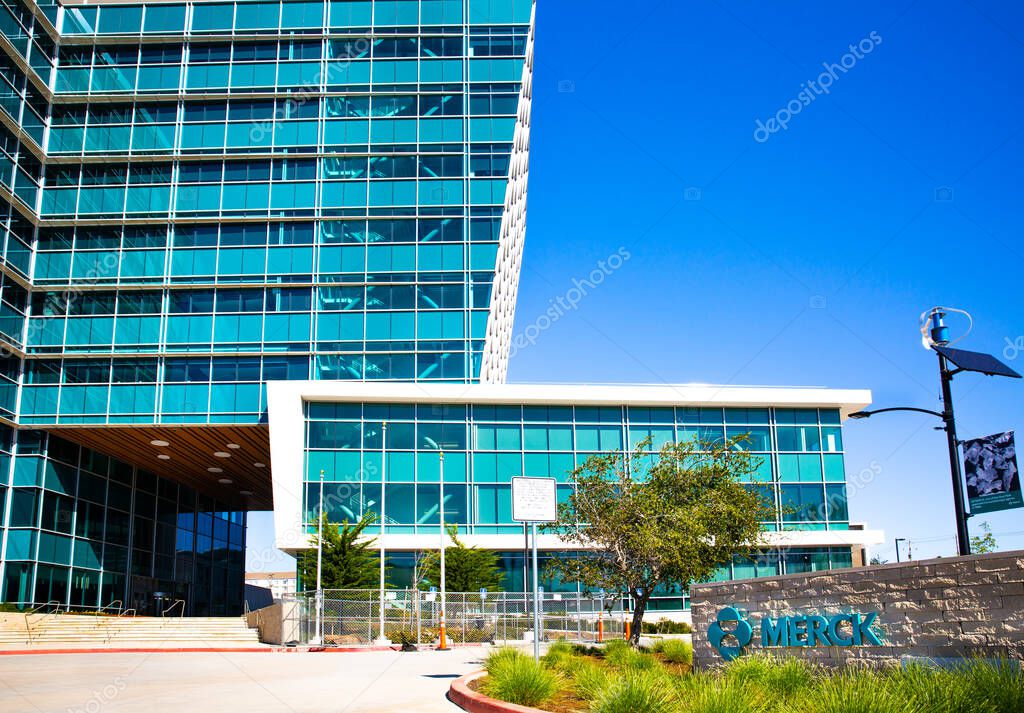 South San Francisco, CA, USA - February 24, 2021: Close up of a corporate office building of Merck  company Research Laboratories, an American  pharmaceutical company headquartered in New Jersey