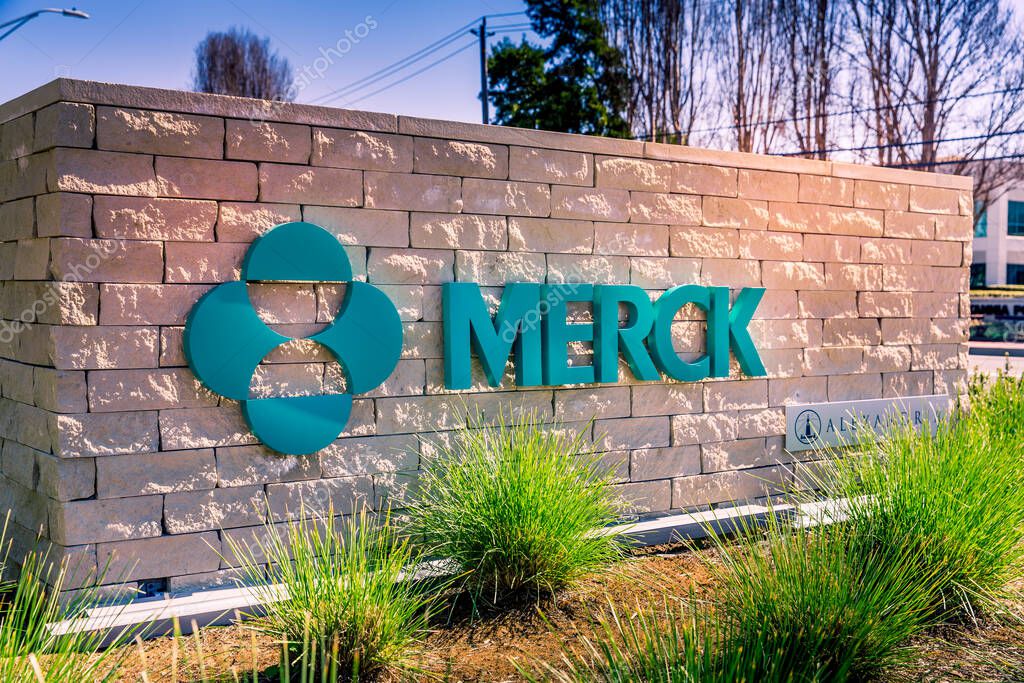 South San Francisco, CA, USA - February 24, 2021: Close up of a corporate office building of Merck  company Research Laboratories, an American  pharmaceutical company headquartered in New Jersey