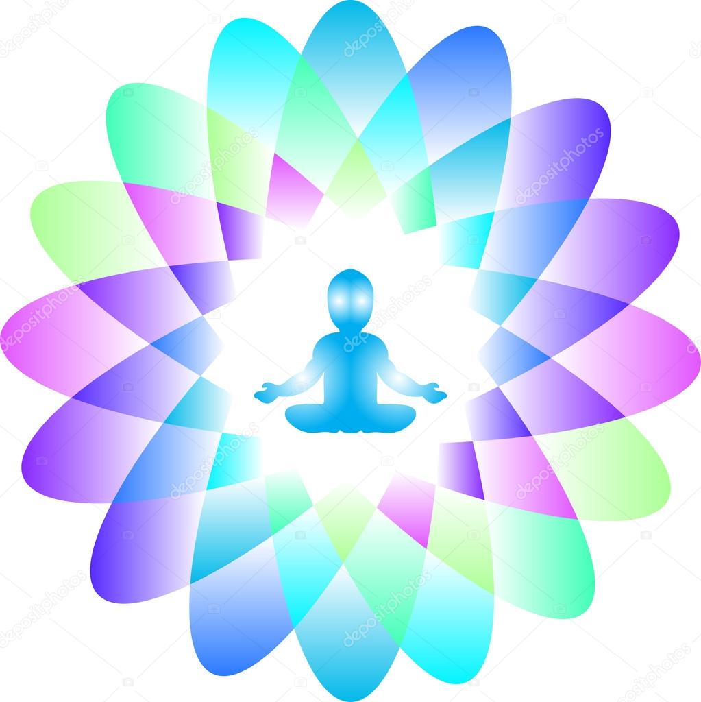 Colorful illustration of a baby meditating in a lotus yoga position inside a colorful lotus flower with 16 petals symbolizing a power and energy which can be used for your company logo.