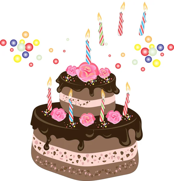 Bolo de aniversário de chocolate com cobertura de chocolate, velas, flores de rosa creme e polvilhas coloridas — Vetor de Stock